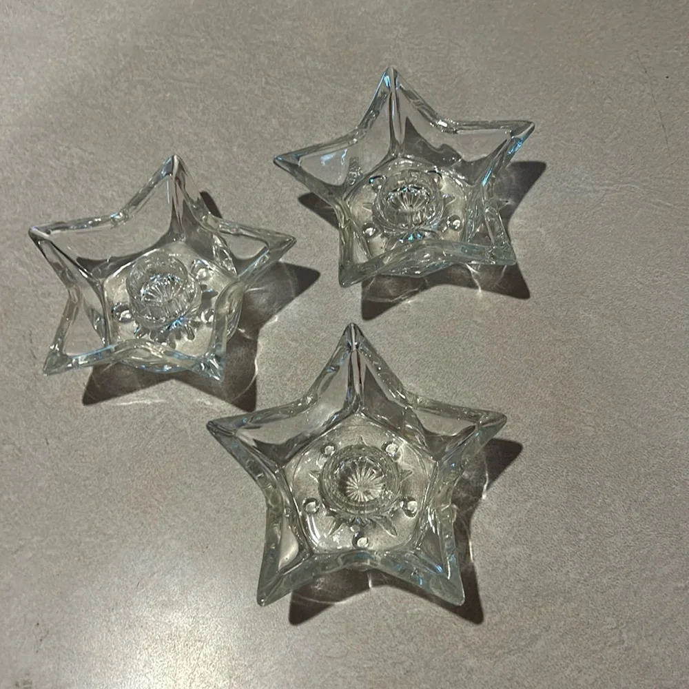 Vintage Glass Star Shaped Tapered‎ Candle Holders Clear 5 points set of 3